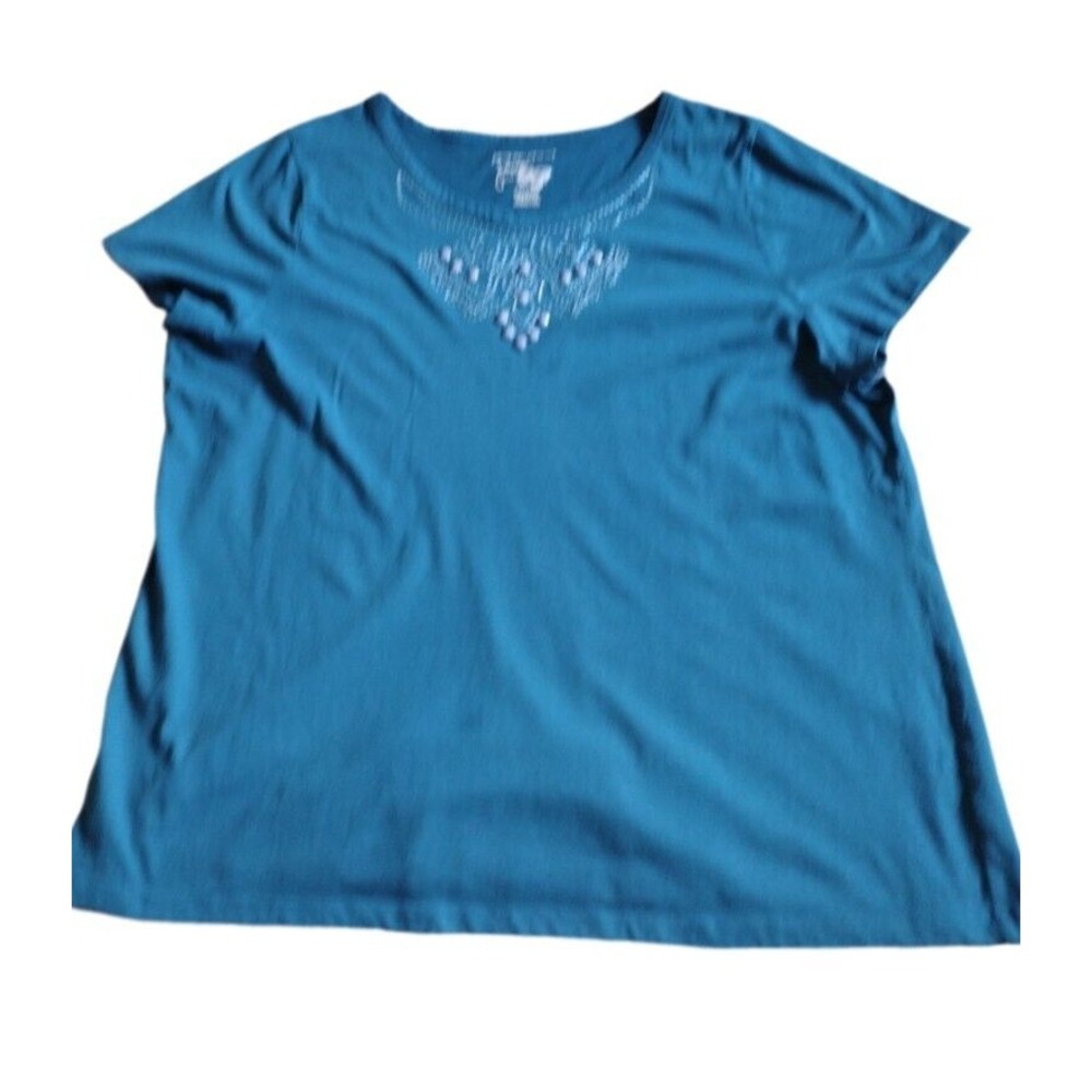 JMS T Shirt Woman's 3x Blue Teal Short Sleeveless Relaxed Fit Rhinestone Studded